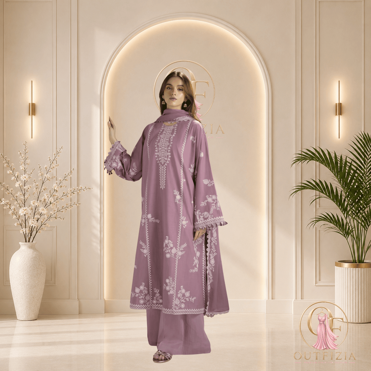 CROSS STITCH Embroidered Dhanak 3 Piece Unstitched Suit - Lilac Purple - Unstitched | Outfizia